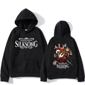 Moletom preto com capuz, logo de Hollow Knight: Silksong na frente e arte dos personagens nas costas