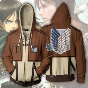 Moletons com capuz de Attack on Titan, em marrom e bege, com o emblema das asas da Tropa de Exploração
