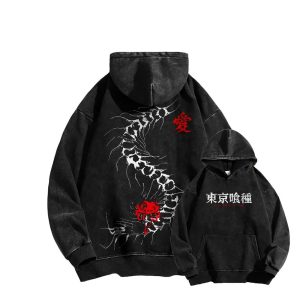 Moletom preto lavado de Tokyo Ghoul com centopeia branca e flor vermelha nas costas e kanji no peito