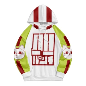 Moletom do Okarun, de Dandadan: branco, com capuz, mangas verde e vermelho e estampa