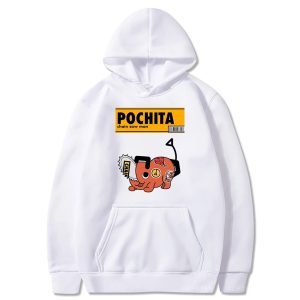 Moletom branco de capuz e bolso canguru com o Pochita, Chainsaw Man, na frente