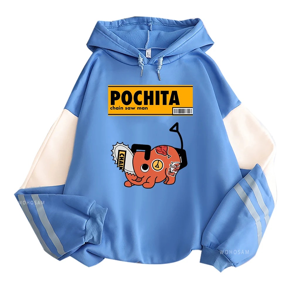 Moletom azul de mangas contrastantes com o Pochita, Chainsaw Man, estampado na frente