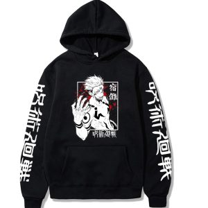 Moletom preto de capuz com o Sukuna no peito e ideogramas nas mangas, Jujutsu Kaisen
