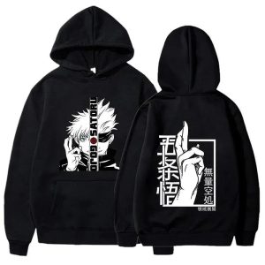 Moletom preto com capuz e estampa do Gojo, Jujutsu Kaisen, frente e costas