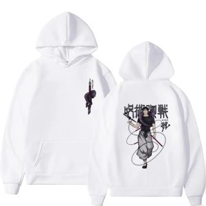 Moletom branco de capuz, frente e costas, com a arte do Toji Fushiguro, Jujutsu Kaisen