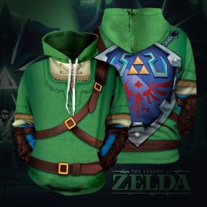 Moletom verde com capuz do Link, de The Legend of Zelda, com cintos e escudo Hylian nas costas