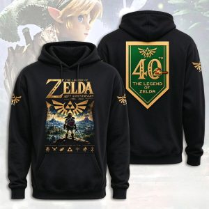 Moletom preto com capuz, Link na frente e brasão dos 40 anos de Zelda nas costas