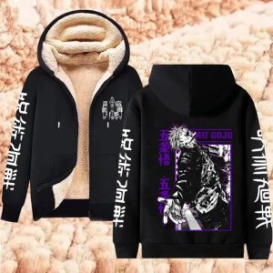 Moletom preto de zíper e forro felpudo, costas com arte roxa e branca do Gojo, Jujutsu Kaisen