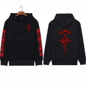 Moletom preto de zíper e capuz de Fullmetal Alchemist, frente e costas, com o flamel vermelho