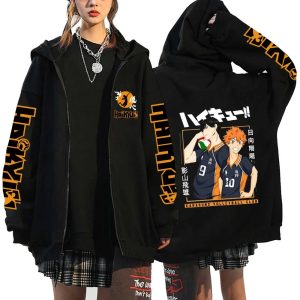 Moletom preto de zíper de Haikyuu!!, frente e costas, com Hinata e Kageyama nas costas