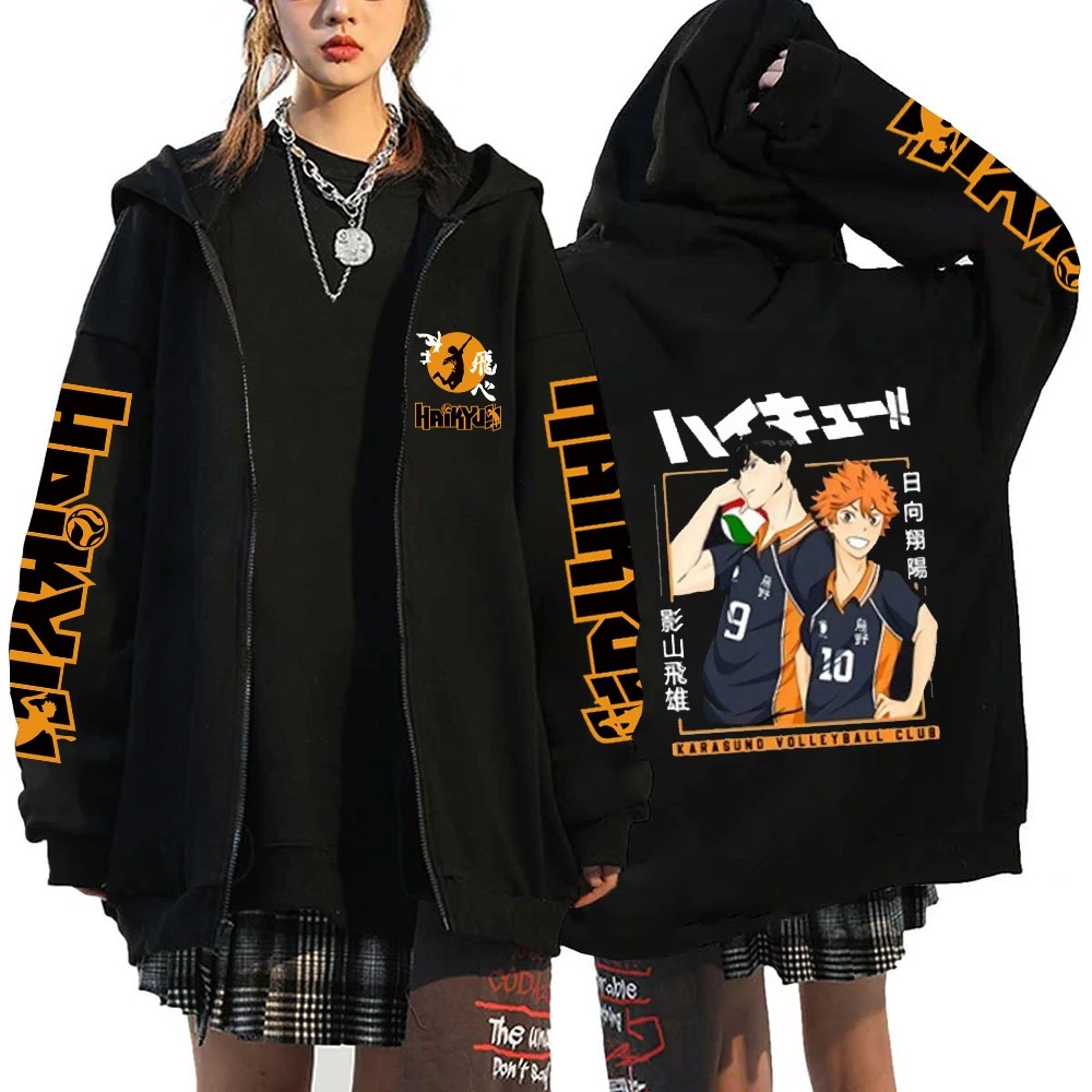 Moletom preto de zíper de Haikyuu!!, frente e costas, com Hinata e Kageyama nas costas