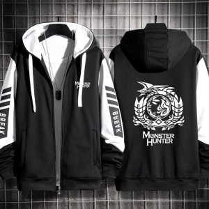 Moletom preto e branco de zíper e capuz com emblema de Monster Hunter nas costas