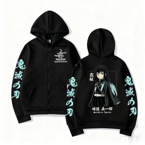 Moletom preto de zíper do Muichiro, Demon Slayer, visto de frente e de costas, kanji nas mangas