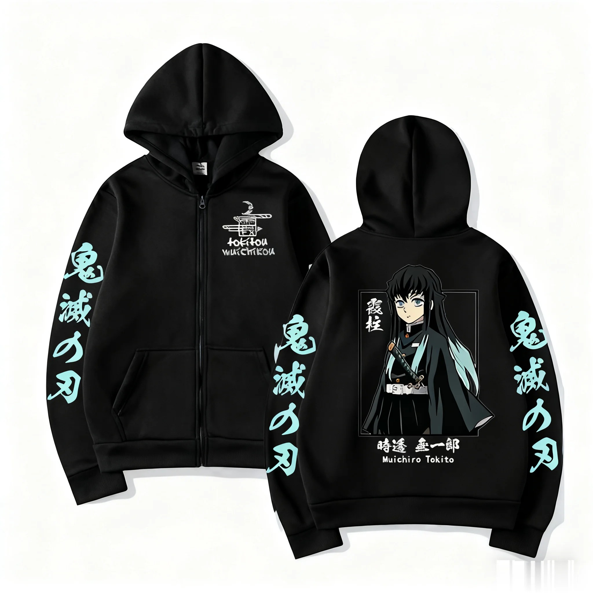 Moletom preto de zíper do Muichiro, Demon Slayer, visto de frente e de costas, kanji nas mangas
