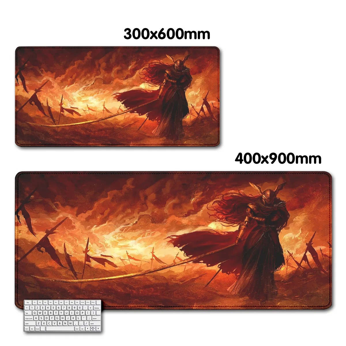 Mousepad Elden Ring nos tamanhos 300x600 e 400x900 mm, com teclado ao lado
