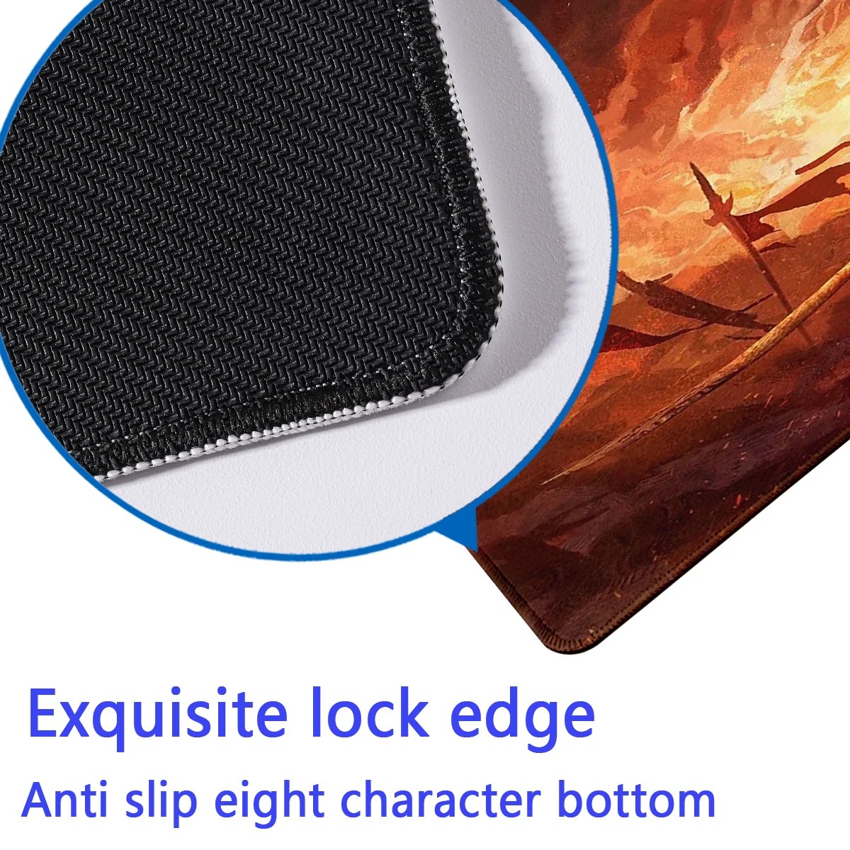 Borda costurada e base antiderrapante do mousepad Elden Ring, em detalhe