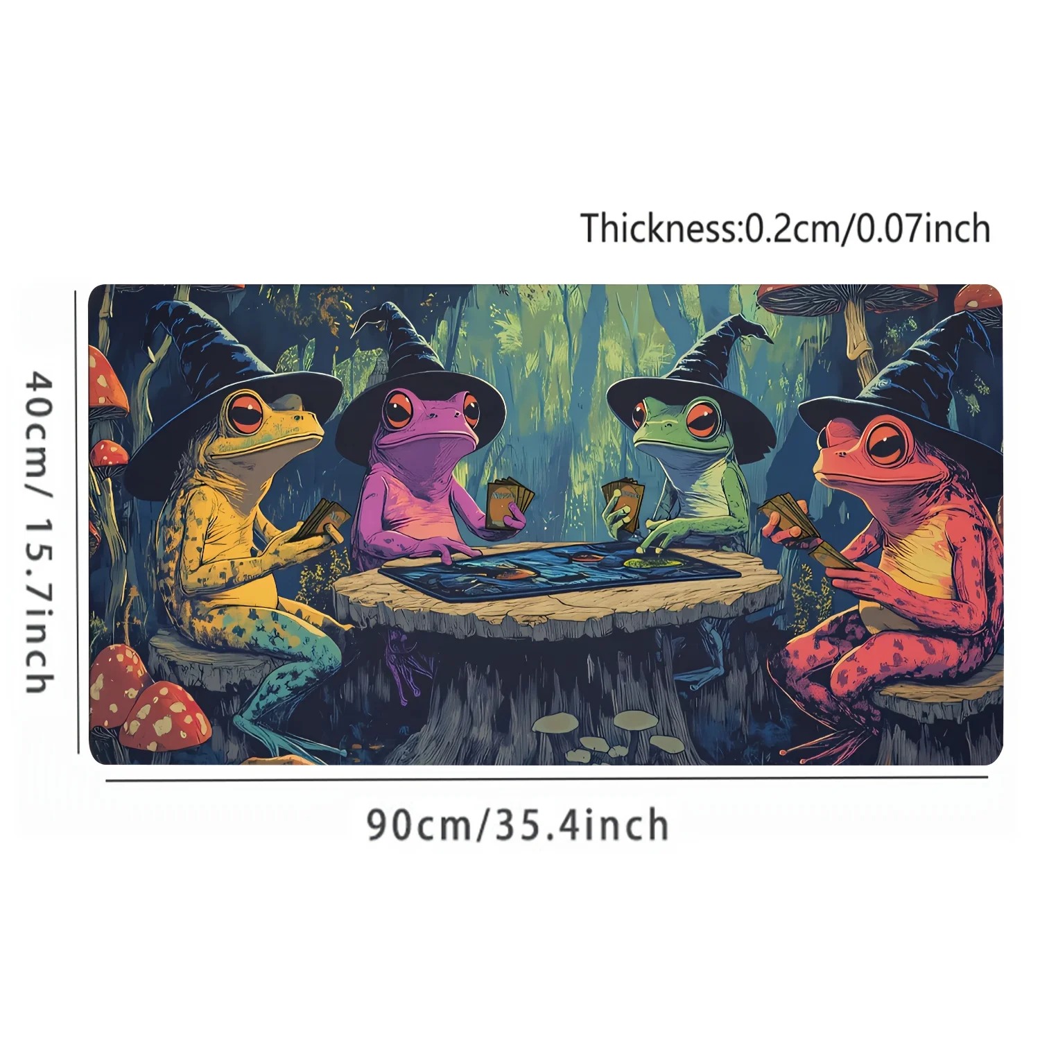 Mousepad dos sapos magos com medida de 40 por 90 cm e espessura de 0,2 cm