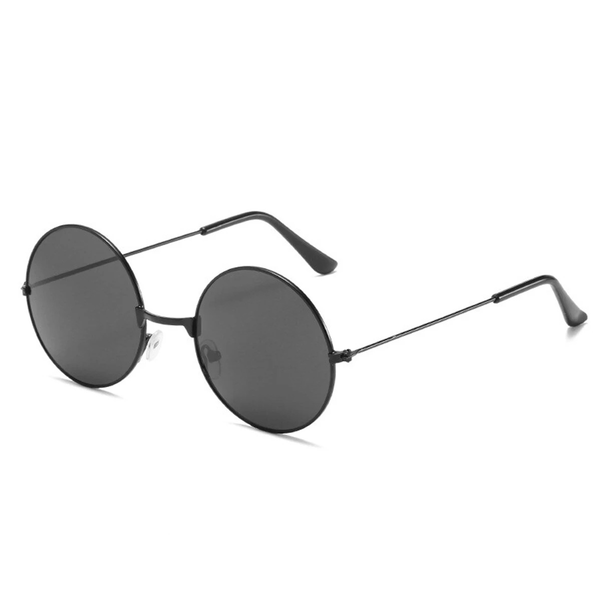 Óculos redondo preto de lentes escuras, visto de lado, acessório de cosplay do Gojo