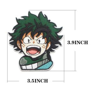 Patch do Deku chibi, de My Hero Academia, de cabelo verde e boca aberta, em fundo branco