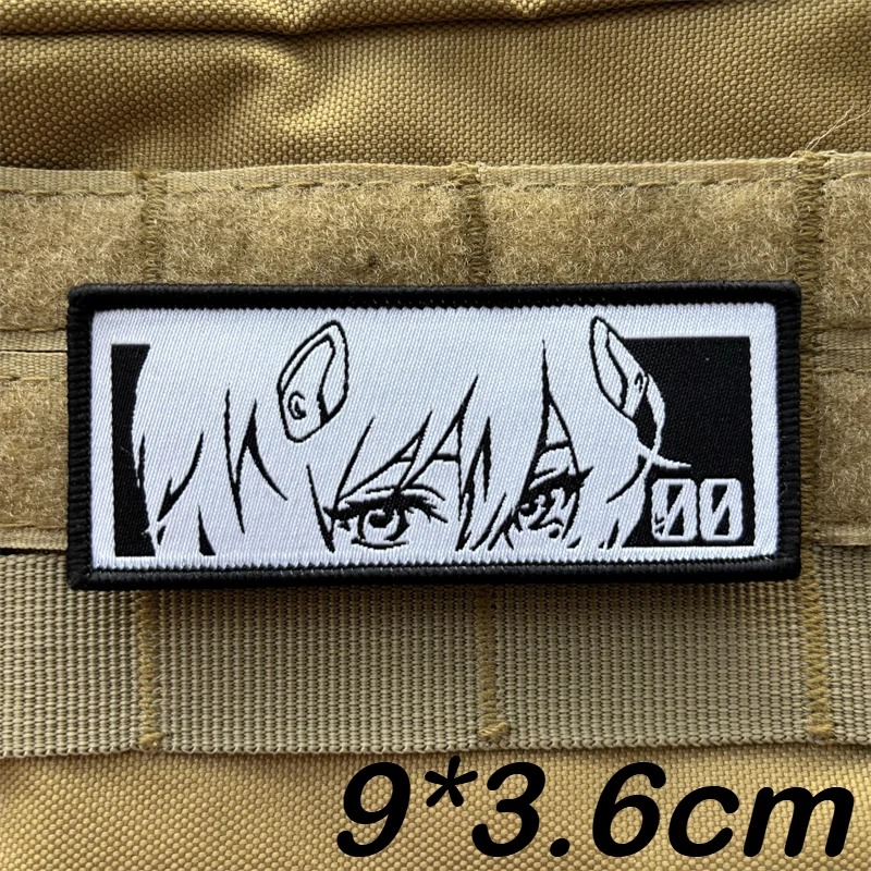 Patch retangular com os olhos da Rei Ayanami, de Evangelion, em preto e branco, de 9 x 3,6 cm