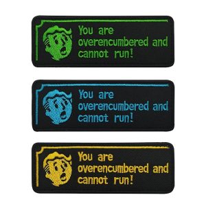 Três patches do Vault Boy com You are overencumbered and cannot run!, de Fallout, em verde, azul e amarelo