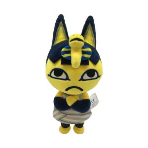 Ankha em pelúcia, gata amarela de listras azuis e braços cruzados, de Animal Crossing