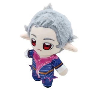 Astarion de Baldur's Gate 3 em pelúcia, com cabelo prateado, olhos vermelhos e traje azul