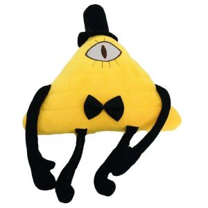 Bill Cipher amarelo em pelúcia, de Gravity Falls, com cartola preta, gravata borboleta e braços longos