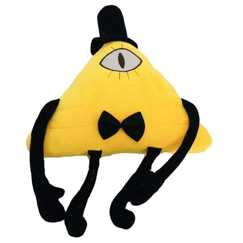 Bill Cipher amarelo em pelúcia, de Gravity Falls, com cartola preta, gravata borboleta e braços longos
