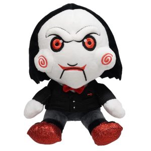 Billy de Jogos Mortais em pelúcia, de frente, com terno preto e laço vermelho