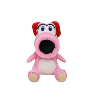 Birdo de Super Mario em pelúcia sentada, rosa com laço vermelho, fundo branco
