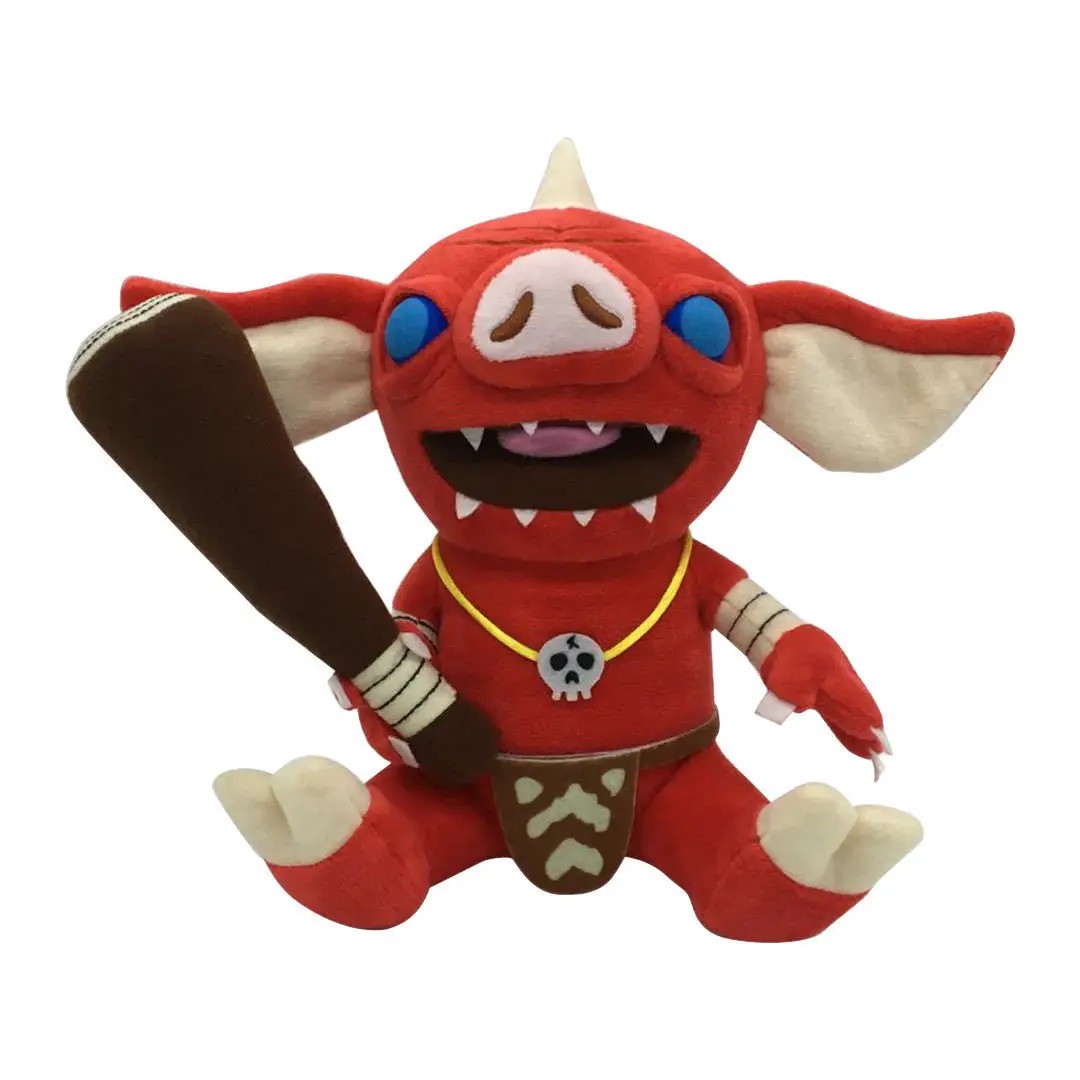 Bokoblin vermelho de pelúcia sentado, com clava e colar de caveira, de Breath of the Wild