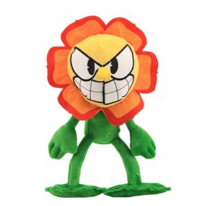 Pelúcia da Cagney Carnation, de Cuphead, com pétalas laranjas e sorriso de dentes grandes