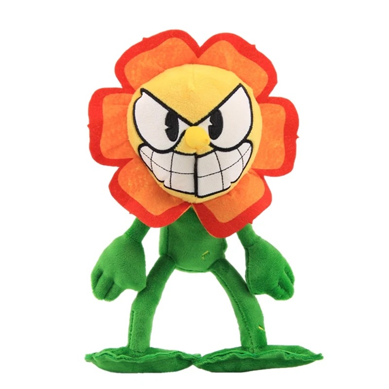 Pelúcia da Cagney Carnation, de Cuphead, com pétalas laranjas e sorriso de dentes grandes