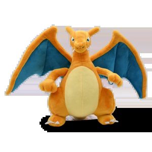 Charizard de Pokémon em pelúcia, de frente com asas abertas e barriga clara