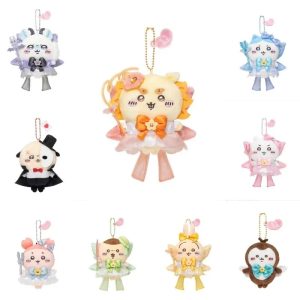 Nove chaveiros de pelúcia do Chiikawa fantasiados de garota mágica, com laço, asas e varinha