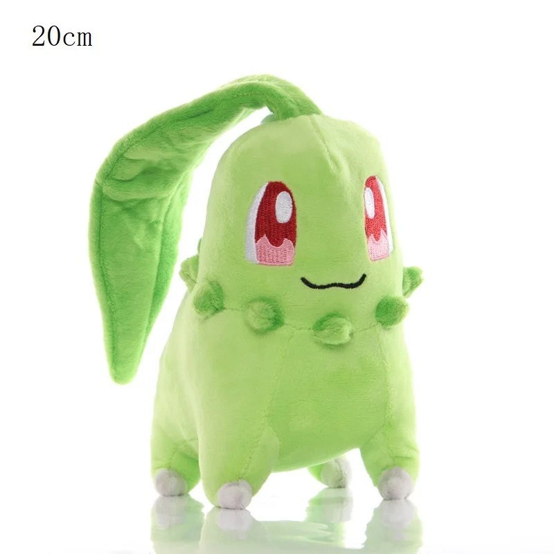 Chikorita verde de Pokémon em pelúcia, de lado, com a folha grande na cabeça