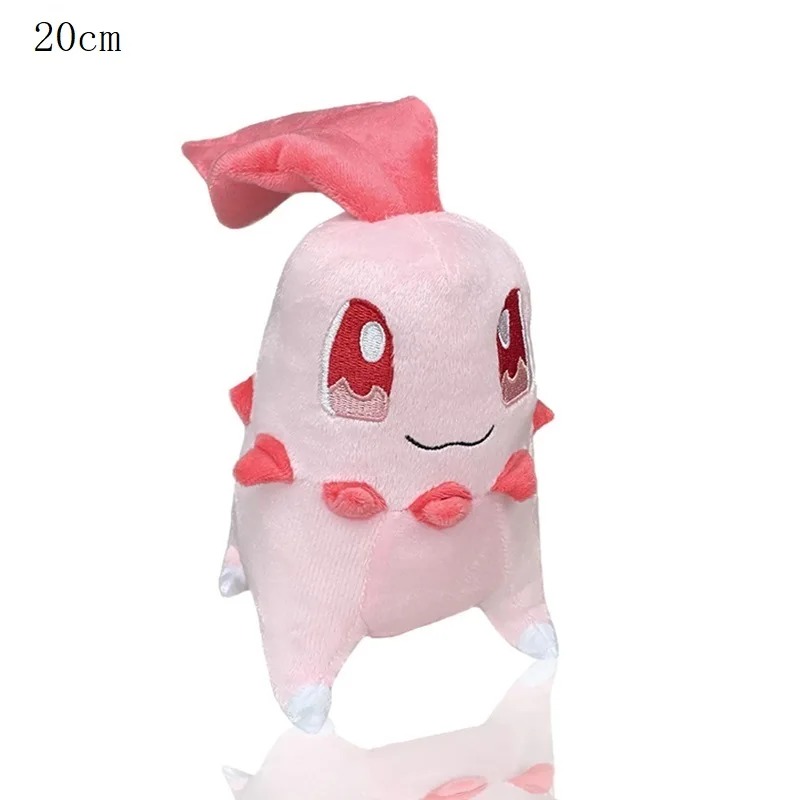 Pelúcia da Chikorita rosa, de Pokémon, com folha rosa na cabeça