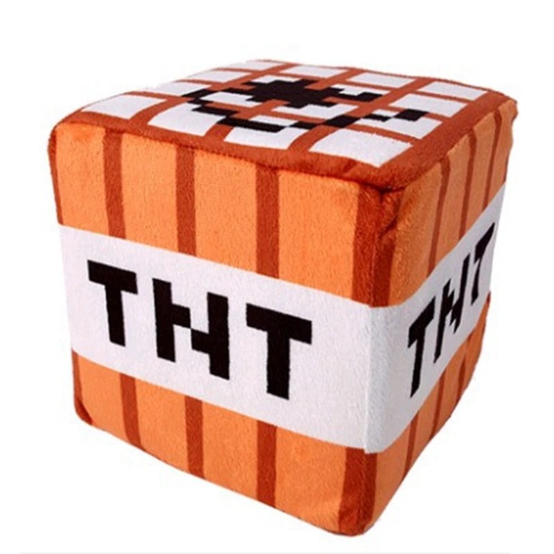 Cubo de pelúcia do bloco de TNT de Minecraft, laranja e branco, com as letras TNT em preto