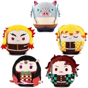 Pelúcias redondas de Demon Slayer com Tanjiro, Nezuko, Zenitsu, Inosuke e Rengoku de uniforme
