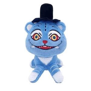 Tigre azul Derpy, de Guerreiras do K-Pop, em pelúcia: sentado, de chapéu preto, olhos amarelos e muitos dentes