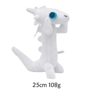 Dragão dançante branco de olho azul em pelúcia, com bracinhos levantados, 25 cm