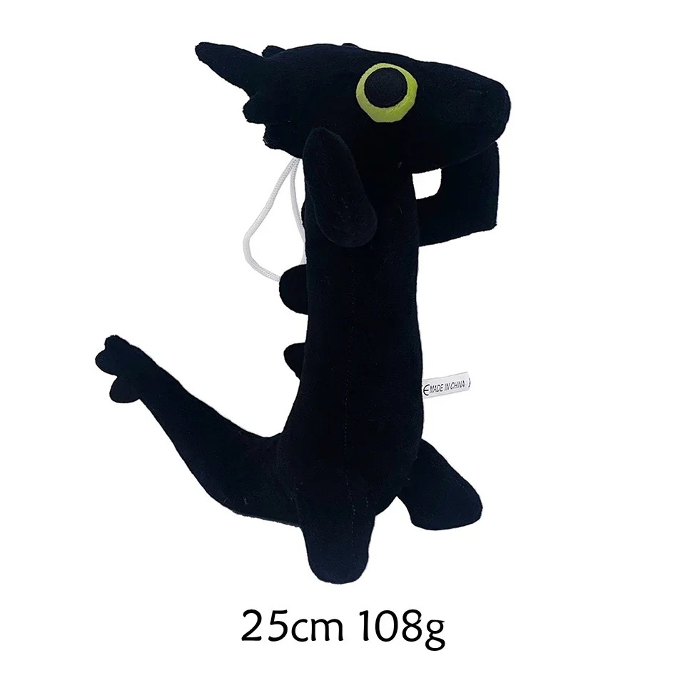 Dragão dançante preto de olho verde-claro em pelúcia, com bracinhos levantados, 25 cm
