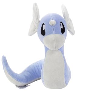 Dratini de pelúcia, de Pokémon, com 24 cm, azul-claro, barriga branca, de frente, fundo branco