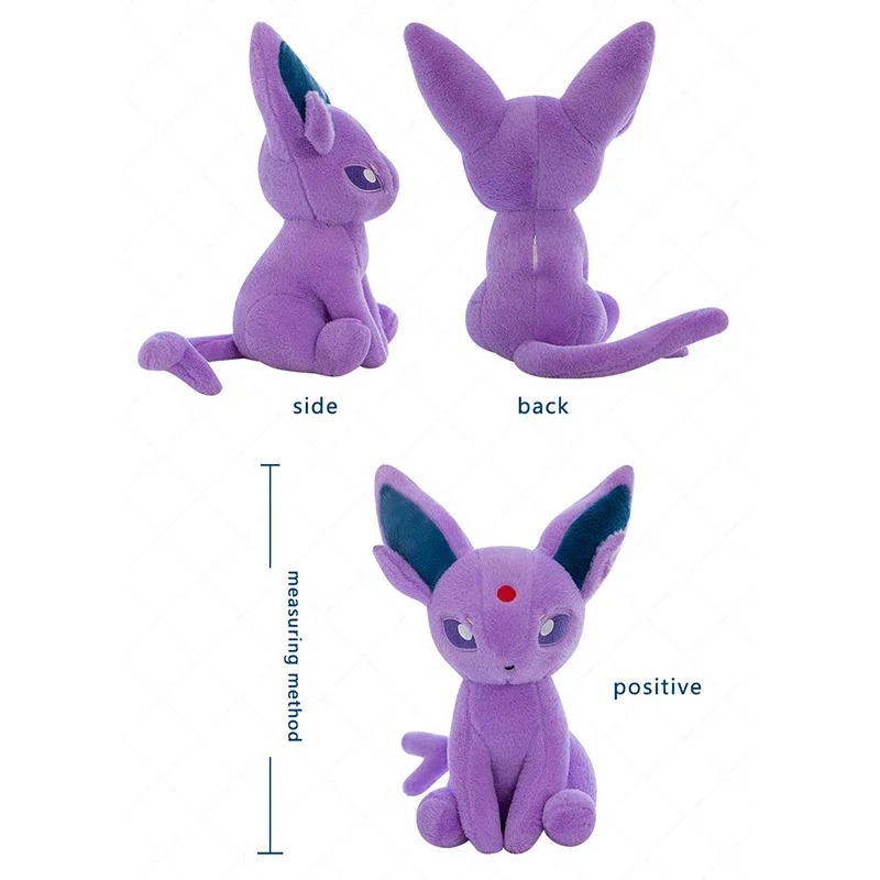 Espeon de pelúcia, de Pokémon, lilás, de lado, de costas e de frente, com as medidas