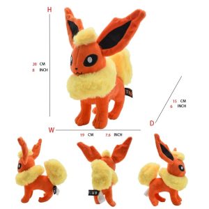 Flareon de pelúcia, de Pokémon, com cerca de 20 cm, laranja e colar amarelo, com medidas e vistas laterais