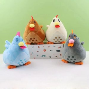 As quatro pelúcias de galinha de Stardew Valley juntas, nas cores marrom, branca, azul e cinza
