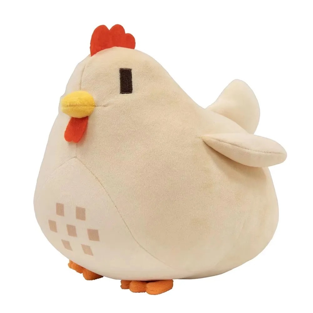 Galinha branca de pelúcia de Stardew Valley vista de lado, com crista vermelha