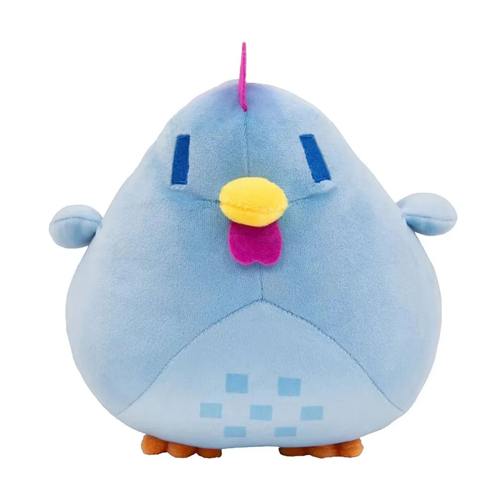 Galinha azul de pelúcia de Stardew Valley com crista rosa e bico amarelo