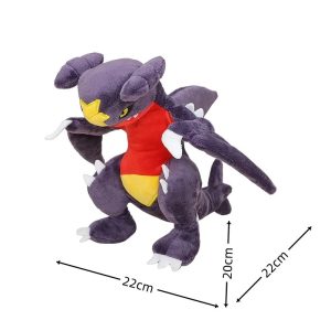 Garchomp de pelúcia, de Pokémon, com 20 cm, roxo, barriga vermelha, fundo branco e medidas
